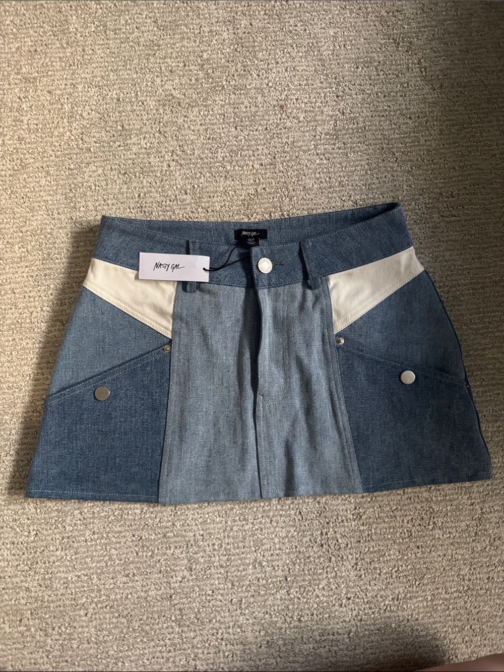 Nasty Gal Two-Tone Blue Denim Mini Skirt with Cream Insets